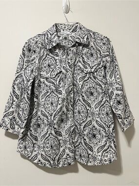 Kim Rogers 100% Linen Button Up Shirt Sz L Paisley Mandala 3/4 Roll Tab Sleeve